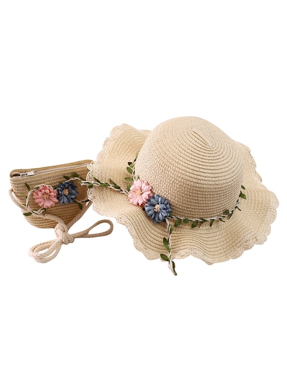 Beach Sun Straw Hats for Kids, Wide Brim Girls Sun Hat Upf Uv Protection, Foldable Packable Summer Hats Roll Up Beige One Size