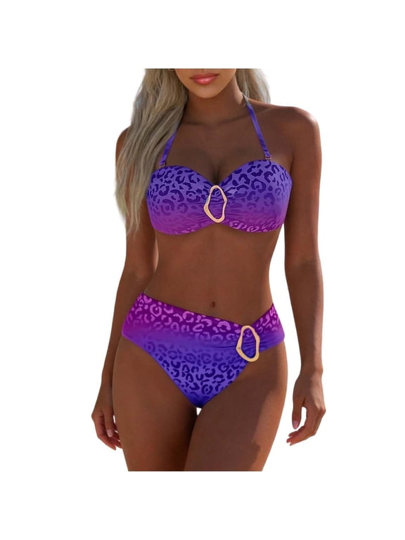 Bikini Bathing Suits for Women Two Piece Swimsuits Leopard Ombre Bandeau Swimsuits Push Up Metal Ring Swimwear Chic Summer Beach Vacation Resort Wear Beach Outfits Purple M