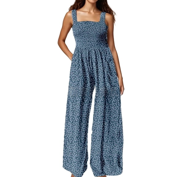 NMMUED Boho Jumpsuit for Women Wide Leg Jumpsuits for Women Smocked Jumpsuit Women Sleeveless Jumpsuits for Women Flowy Jumpsuits for Women, Dark Blue XXL