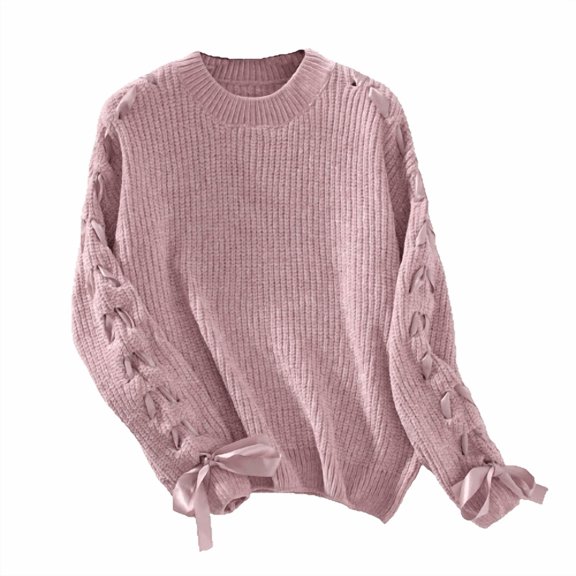 NMMUED Bow Sweater Women Sweater Tops for Women Knitted Sweater Womens Tops Casual Long Sleeve Sweaters for Women Knit Top Sweater with Bows Pink S