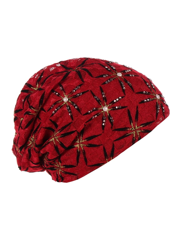 Chic Pearl Embellished Slouchy Beanie for Women Breathable Thin Skull Cap Vintage Floral Hat Red One Size
