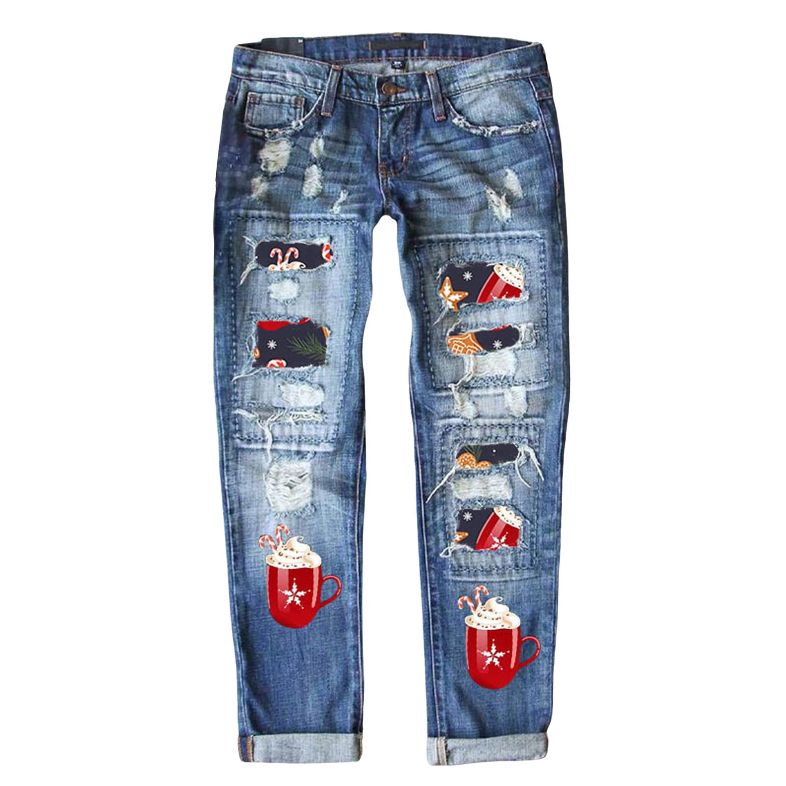Christmas Jeans Christmas Costumes for Women Ripped Jeans Womens Christmas Clothes for Women Holiday Clothes Christmas Outfits for Women Patterned Jeans for Women Blue 4XL