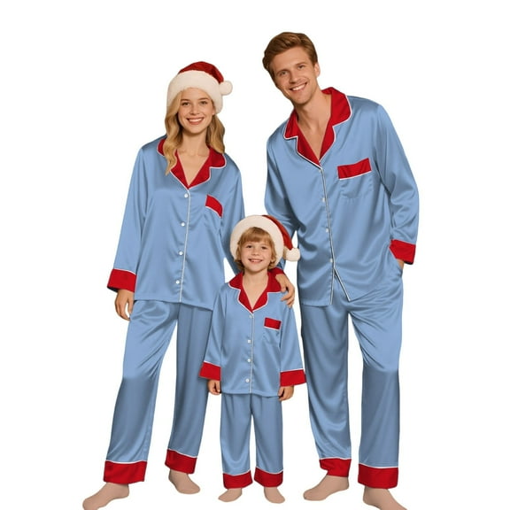 NMMUED Christmas Pajamas Cute Christmas Pajamas Button Up Pajamas Xmas Pjs Satin Pjs Family Pjs Matching Sets Matching Xmas Pjs (K) Light Blue 150