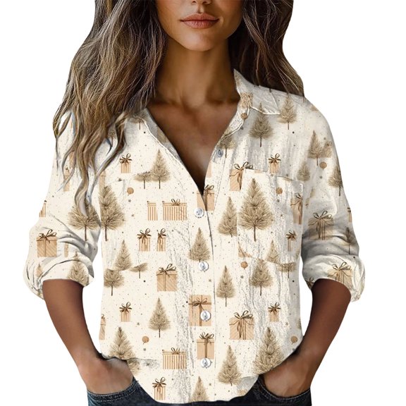 NMMUED Christmas Shirt for Women Womens Button Down Shirt Ladies Christmas Tops Womens 3/4 Sleeve Tops and Blouses Christmas Clothes for Women Loose Fitting Tops for Women Multi-color 11 L