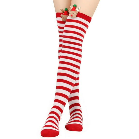 NMMUED Christmas Socks for Women Green and White Striped Socks Striped Tube Socks Holiday Stockings for Women Leg Warmers Christmas Socks for Adults Over the Knee Socks E One Size