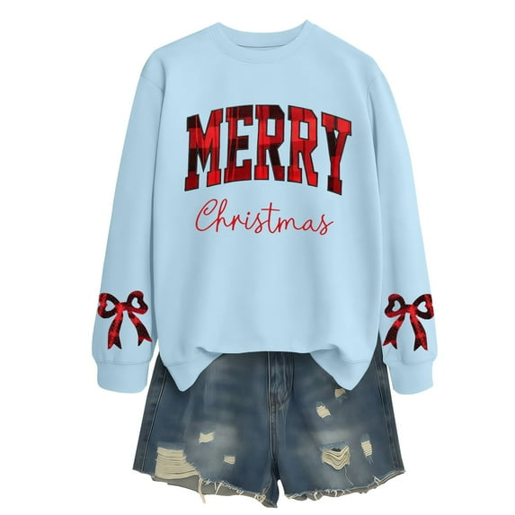 NMMUED Christmas Sweatshirt Fall Sweatshirts for Women Christmas Party Outfits for Women Cute Sweatshirts Christmas Gifts for Women Funny Sweatshirts for Women Christmas Tops for Women Light Blue S