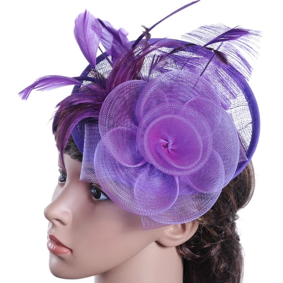 NMMUED Church Fascinator Hats for Women Formal Dress Hat Feather Mesh Netting Wedding Guest Garden Party Tea Party Statement Ladies Hat Purple