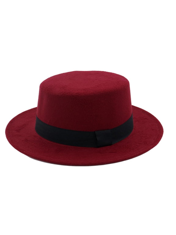 Classic Fedora Flat Top Hat Pork Pie Hat Felt Boater Church Derby Cap for Men/women Wine One Size