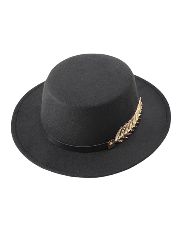 Classic Flat Top Wide Brim Hat for Women Vintage Felt Bolero Dress Hat with Gold Leaf Band Black One Size