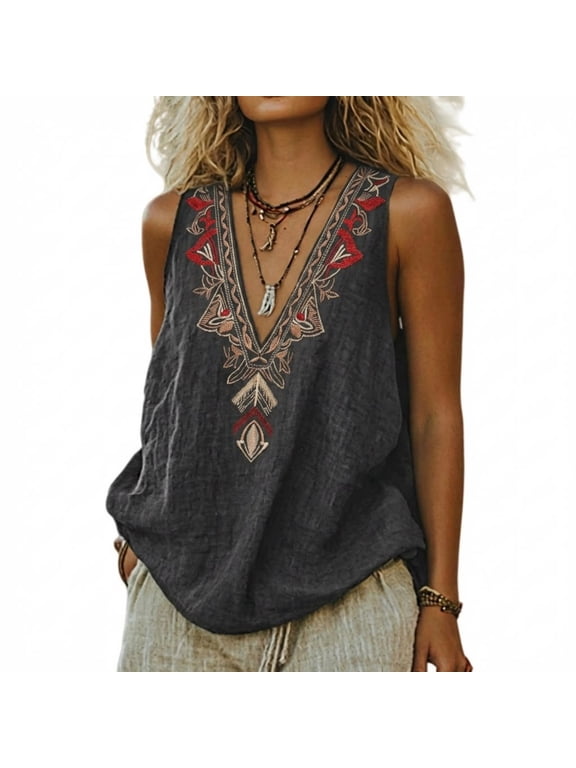 Cotton Linen Sleeveless Tops Womens Mexican Embroidered Tank Tops Boho V Neck Casual Blouses Summer Loose Fit Peasant Shirts Basic Tunic Tees Vacation Outfits Gray XXL