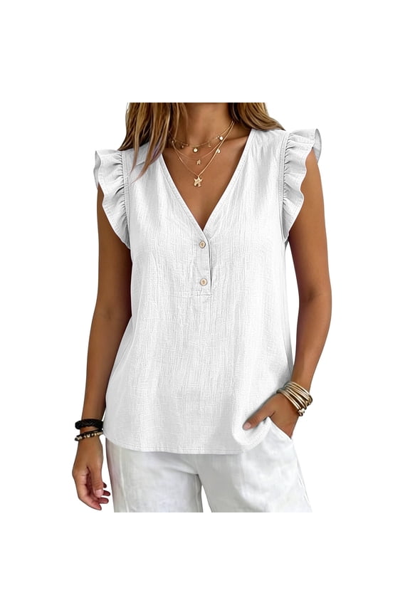 Cotton Linen Tops for Women Ruffle Short Sleeve V Neck Button Down Shirts Casual Loose Fit Summer Sleeveless Blouses Basic Tank Tops Ladies Tunic Tees White M
