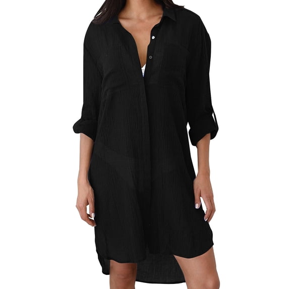 NMMUED Cover Ups for Swimwear Women Blouse Long Button Down Shirt Dresses Tops Beach Vacation Clothes for Women Black A