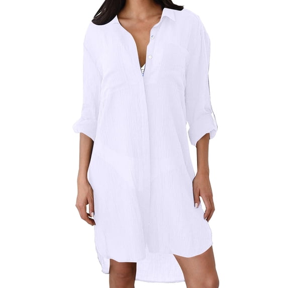 NMMUED Cover Ups for Swimwear Women Blouse Long Button Down Shirt Dresses Tops Beach Vacation Clothes for Women White A