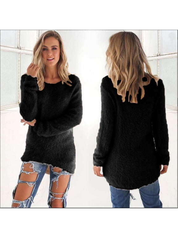 Cozy Women's Fuzzy Long Sleeve Sweater Crew Neck Soft Fluffy Pullover Warm Winter Lounge Top Loose Comfy Fleece Sweater Casual Daily Wear Plush Knitted Jumper Black S