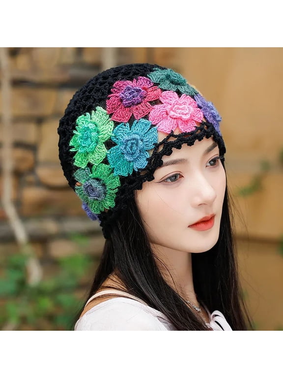 Crochet Floral Beanie for Women Vintage 3D Flower Knit Hat Lightweight Skull Cap Black One Size
