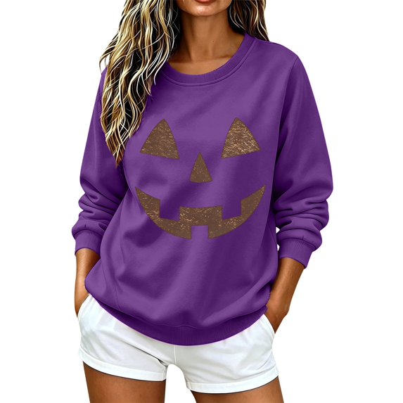 NMMUED Cute Halloween Sweatshirt Pumpkin Sweatshirt Pumpkin Season Sweatshirt Cute Funny Ghost Graphic Black Cat Womens Halloween Shirts Purple M