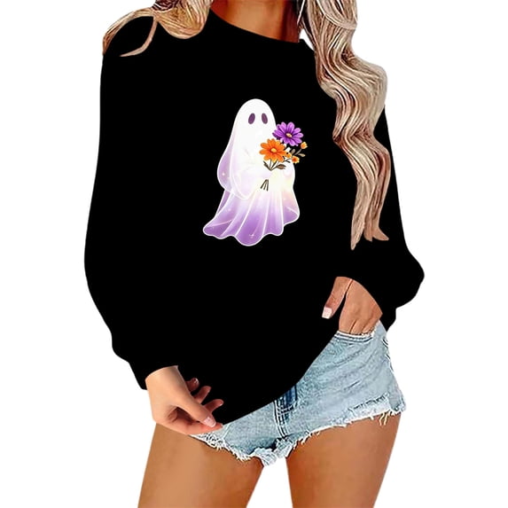 NMMUED Cute Halloween Sweatshirts for Women Long Sleeve Pumpkin Sweatshirt Funny Halloween Spooky Season Cute Pumpkin Print Halloween Tops for Women Black XL