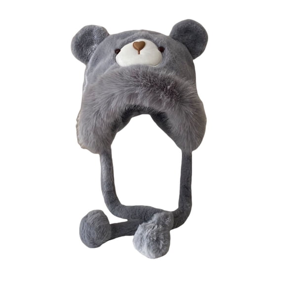NMMUED Cute Plush Bear Hat with Earflaps Fuzzy Winter Warm Trapper Hat Kawaii Animal Cap Gray One Size