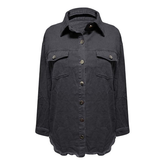 NMMUED Denim Jacket for Women Oversized Button Down Casual Jean Shacket Jackets Long Sleeve Frayed Hem Western Trendy Black L