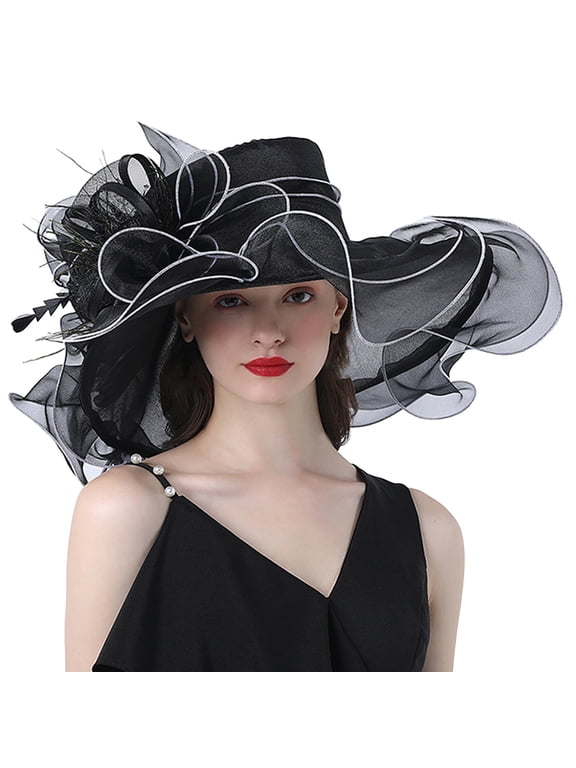 Derby Church Dress Hat for Women Fascinator Bridal Tea Party Wedding Hat Wide Brim Black One Size