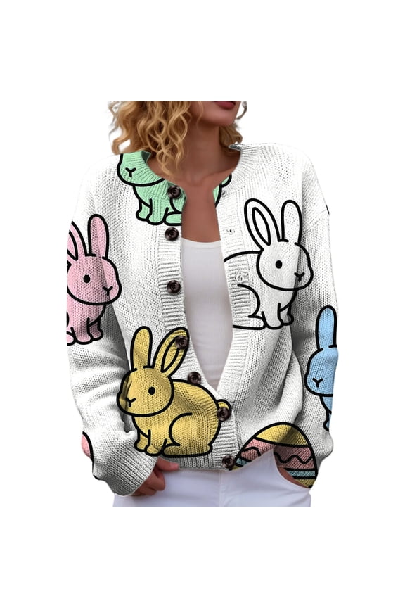 Easter Bunny Eggs Print Knit Cardigan for Women Button Up Lightweight Soft Cozy Casual Spring Sweater Jacket Pockets - Perfect Holiday Fashion Cardigan Colorful XL