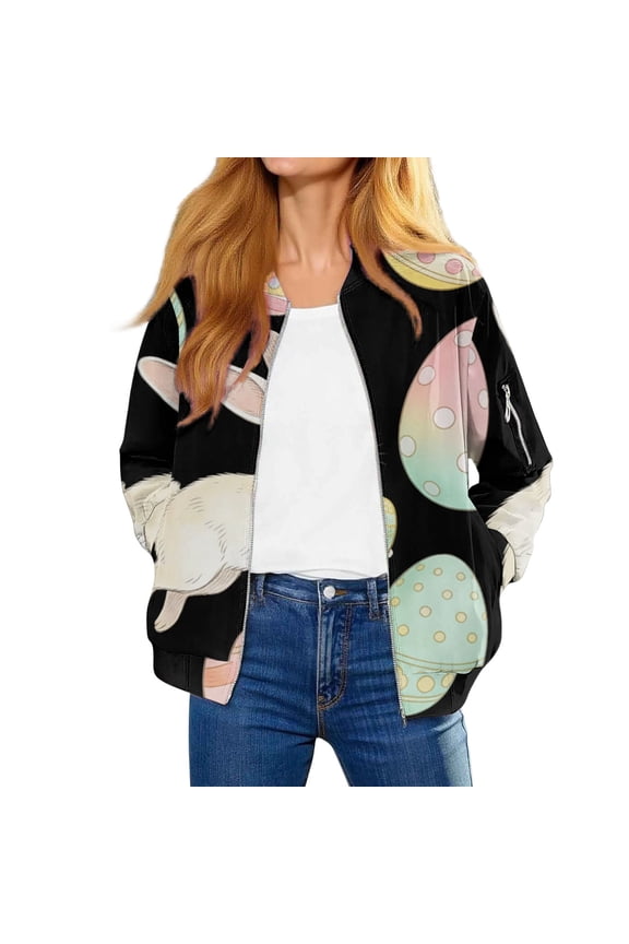 Easter Egg Bunny Print Women's Bomber Jacket Zip Up Lightweight Casual Spring Coat with Pockets - Soft Comfortable Fashion Zip Front Jacket for Holiday Colorful XXL