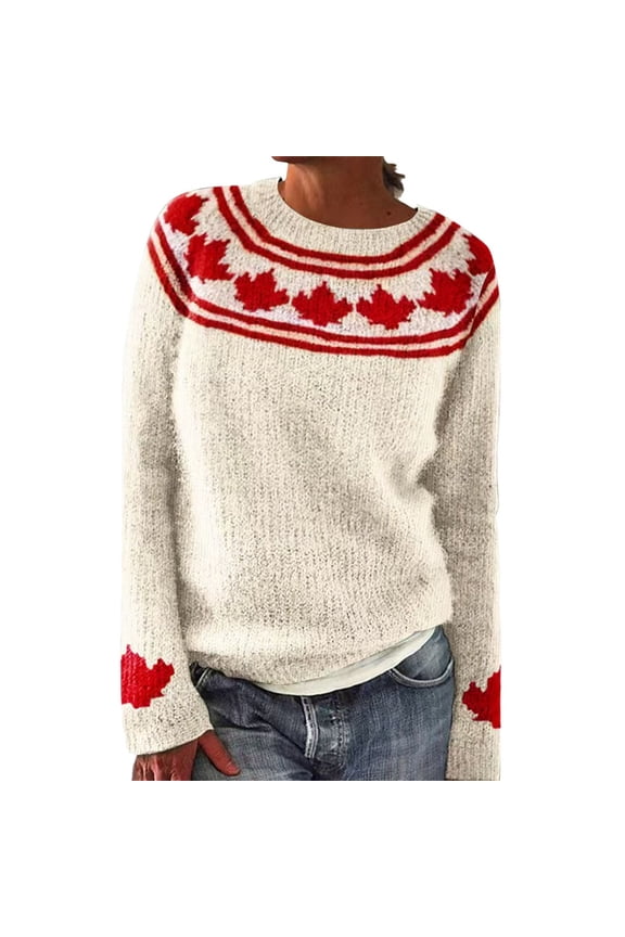 Fair Isle Sweater Soft Sweaters for Women Womens Crew Neck Sweater Pullover Sweaters for Women Knit Top Loose Sweaters for Women Sweater Tops for Women Beige L