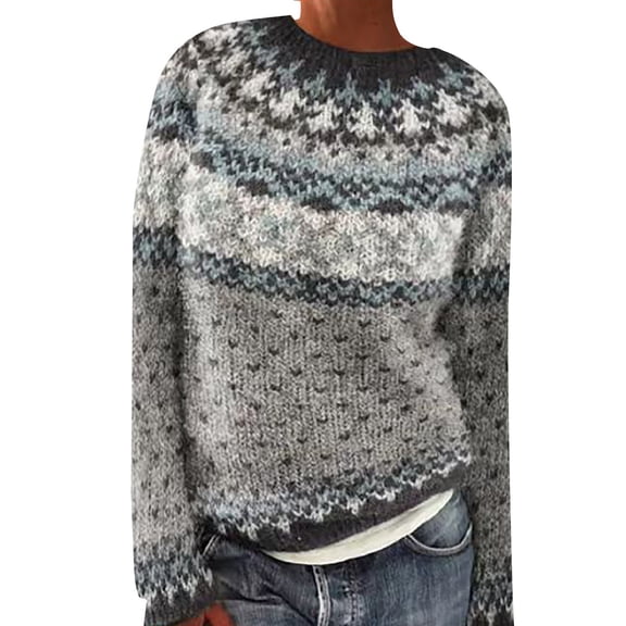 NMMUED Fair Isle Sweater Women Knits Clothing Knit Top Cute Sweaters for Women Womens Crew Neck Sweater Fall Sweaters for Women Pull Over Sweaters Womens Gray XS
