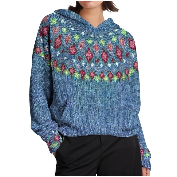 NMMUED Fairisle Sweaters for Women Hooded Sweater Women Winter Sweaters for Women Sweater Hoodies for Women Long Sleeve Sweaters for Women Knits Clothing Pull Over Sweaters Womens Blue XL