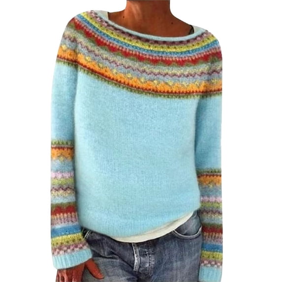 NMMUED Fairisle Sweaters for Women Sweater Tops for Women Womens Long Sleeve Tops Womens Pullover Sweaters Knitted Sweater Business Casual Sweaters for Women Pull Over Sweaters Womens Sky Blue 4XL