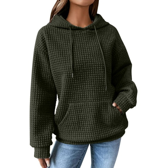 NMMUED Fall Clothes for Women, Plain Hoodies, Travel Hoodie, Waffle Knit Tops for Women, Going Out Tops for Women, Army Green L