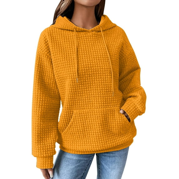 NMMUED Fall Clothes for Women, Pullover Hoodies, Sweatshirt for Women, Hoodies for Women, Waffle Knit Tops for Women, Yellow L