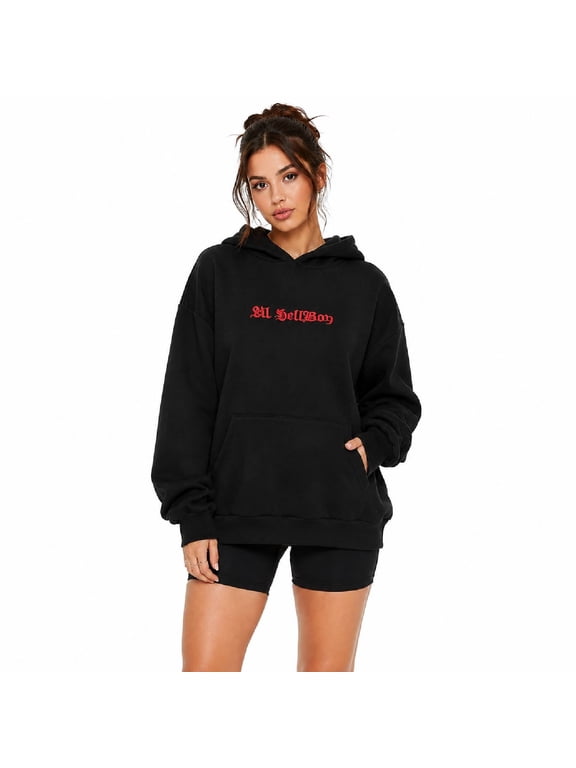 Fall Spooky Vibes Demon Wings Hoodies for Women Oversized Pullover Sweatshirts Long Sleeve 3d Devil Horn Gothic Novelty Clothes Black XXL