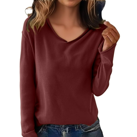 NMMUED Fall Sweaters for Women V Neck Sweater Knitted Sweater Womens Long Sleeve Tops Womens Pullover Sweaters Tunic Sweaters for Women Long Sleeve Undershirt for Women Wine XXL