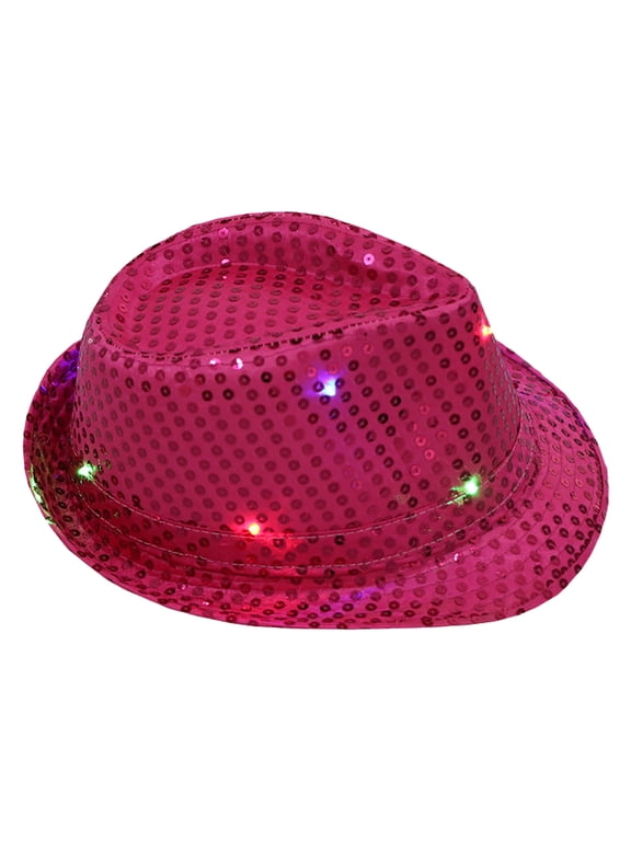 Fedora Hat Bucket Hats Led Sequin Glow Jazz Hat Performance Props Flash Cowboy Hat Adult Led Light-up Mardi Gras Sequin Fedora Hot Pink One Size