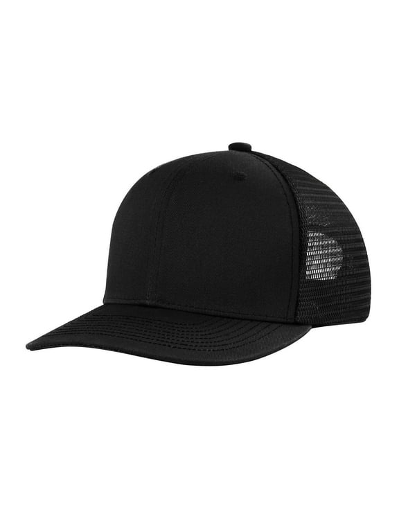 Flat Brim Mesh Panel Baseball Cap Trucker Hat, Snap Back Hats for Men Women for Running Workouts and Outdoor Black One Size
