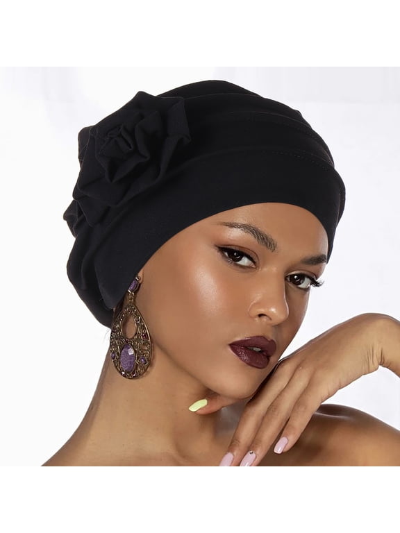 Flower Turban Head Wraps for Women Pre-tied Beanie Chemo Cancer Hat Hair Cover Cap Black One Size