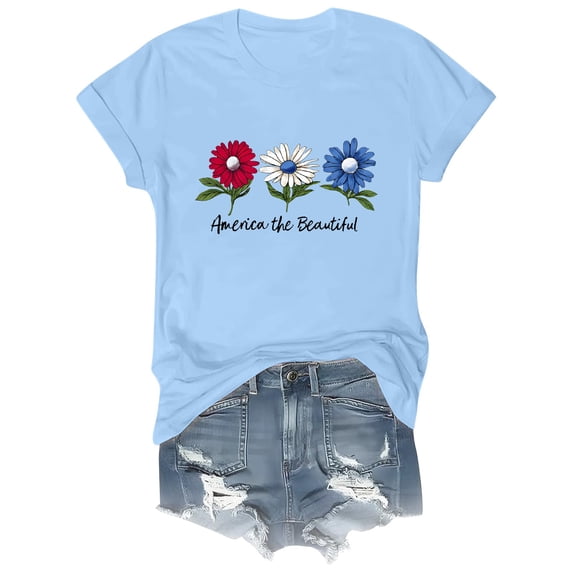NMMUED Forth of July Shirts Women Pullover Shirts Short Sleeve T Shirt Independence Day Shirt Summer Tops 250 Anniversary Usa Memorial Day Usa Outfit Women Light Blue 3XL