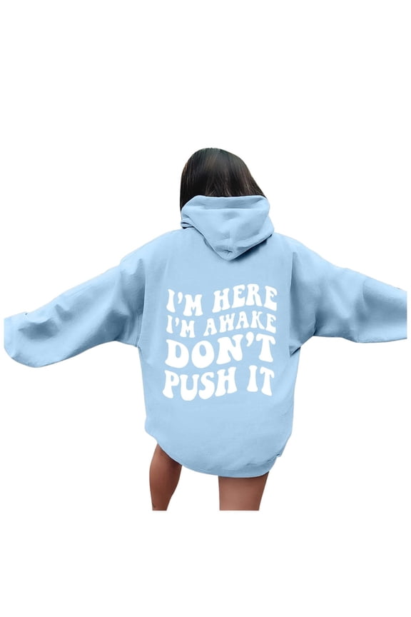 Funny Graphic Hoodies for Woman Preppy Sweatshirts Trendy Letter Print Oversized Hoodies Casual Pullover Tops Light Blue L