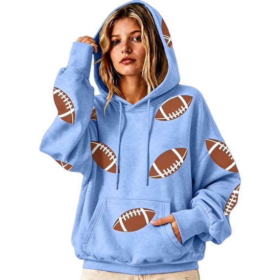NMMUED Game Day Football Sweatshirt Women Graphic Hoodie Casual Fall Winter Pullover Sports Fan Long Sleeve Tops Light Blue XL