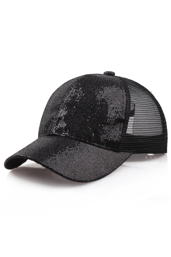 Glitter Sequin Baseball Cap Hat Adjustable Mesh Caps Baseball Party Hat for Women Black 58