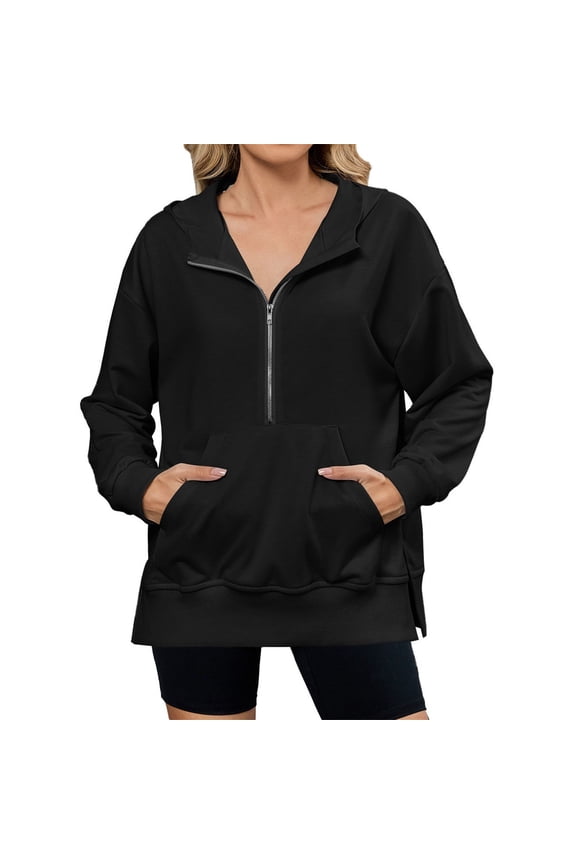 Half Zip Hoodie Women 1/4 Zip Pullover Women Oversized Hoodie Womens Hoodies Pullover Hooded Sweatshirts, Black M