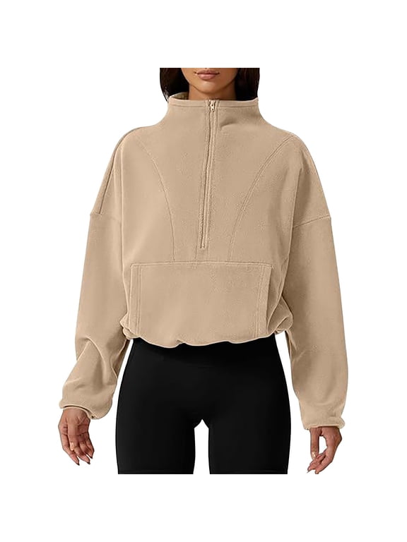 Half Zip Pullover Women Crop Sweatshirt Mockneck Sweatshirt Women Womens Pullover Long Sleeve Shirts for Women Baggy Sweatshirt Warm Sweatshirts for Women Khaki L