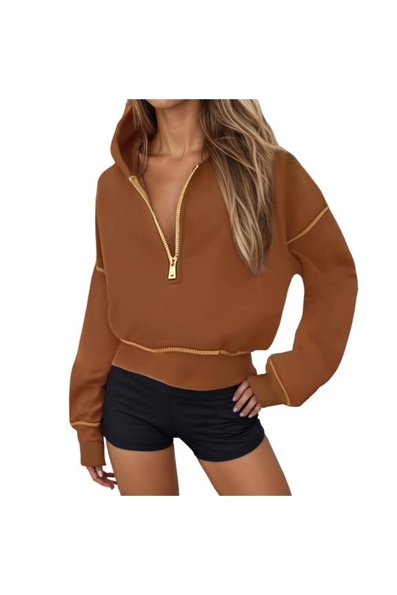 Half Zip Pullover Women Cropped Sweatshirts for Women Pullover Sweatshirts for Women Quarter Zip Pullover Women Oversized Sweatshirt for Women, Brown S