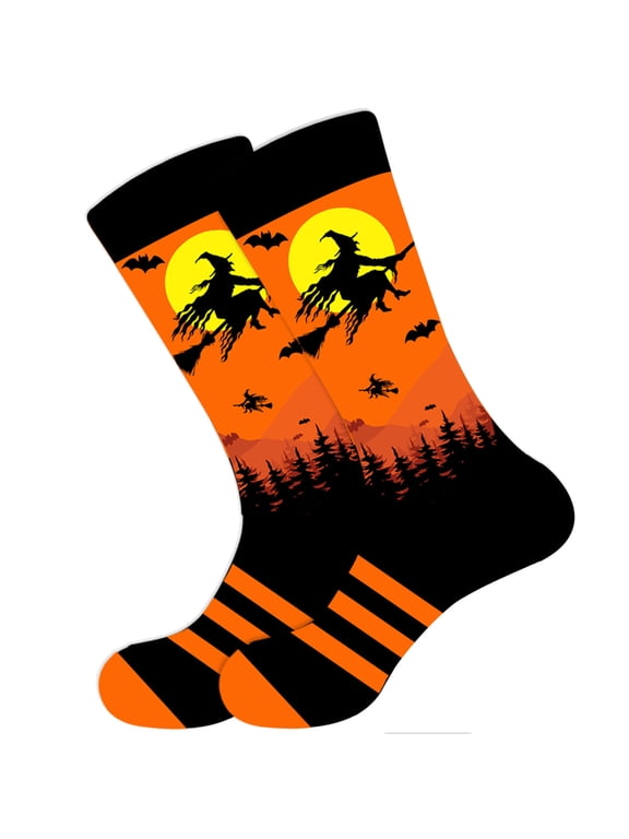 Halloween Novelty Socks Spooky Ghost Black Cat Witch Print Breathable Crew Tube Socks C One Size