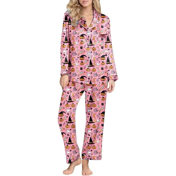NMMUED Halloween Pajamas Halloween Matching Pajamas Long Pajamas for Women Set Matching Sleep Set for Women Womens Long Sleeve Pajama Sets Halloween Matching Pjs, Pink XL