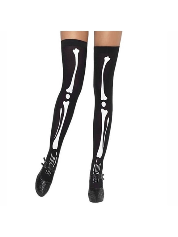 Halloween Skeleton Bone Thigh High Socks Women Spooky Over the Knee Stretch Stockings Black One Size