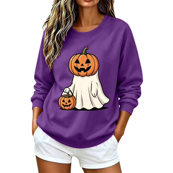 NMMUED Halloween Sweatshirt for Women Pumpkin Season Sweatshirt Halloween Party Apparel Funny Halloween Ghost Pullover Halloween Shirt Purple L