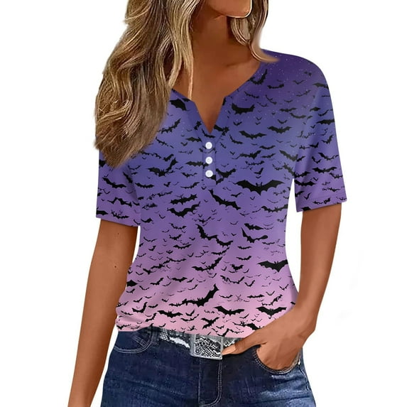 NMMUED Halloween Tshirt Going Out Tops for Women Pumpkin Tshirt Women Short Sleeve Tunic Tops for Women Fall Graphic Tees for Women Halloween Merch Halloween Tunic Purple XXL
