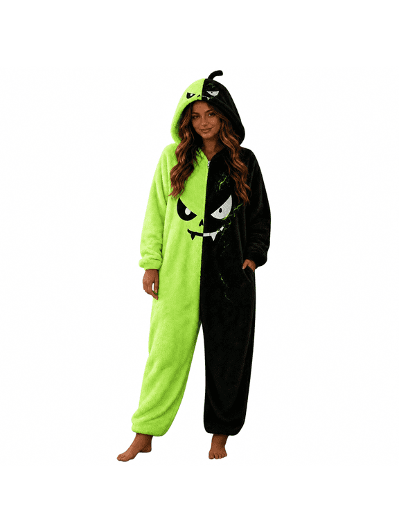 Halloween Women Onesie Adult Color Block Spooky Face One Piece Pajama Cozy Plush Zip Up Hooded Loungewear for Trick or Treat Autumn Night Light Green M